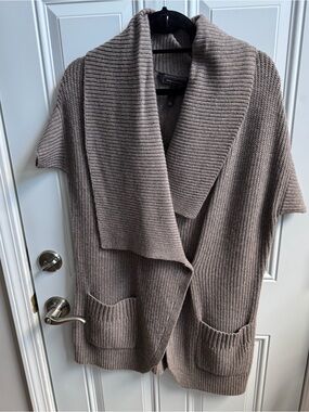 BCBG Cashmere Blend Shawl Collar Ribbed Long Cardigan Sweater - Taupe
